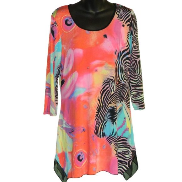 2 for/$25 ADX Bright Neon Zebra Galaxy Print Sharkbit Flutter Hem Tunic Size M - Picture 2 of 9
